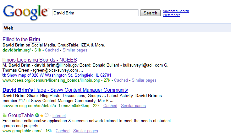 I regained my #1 spot for David Brim in Google